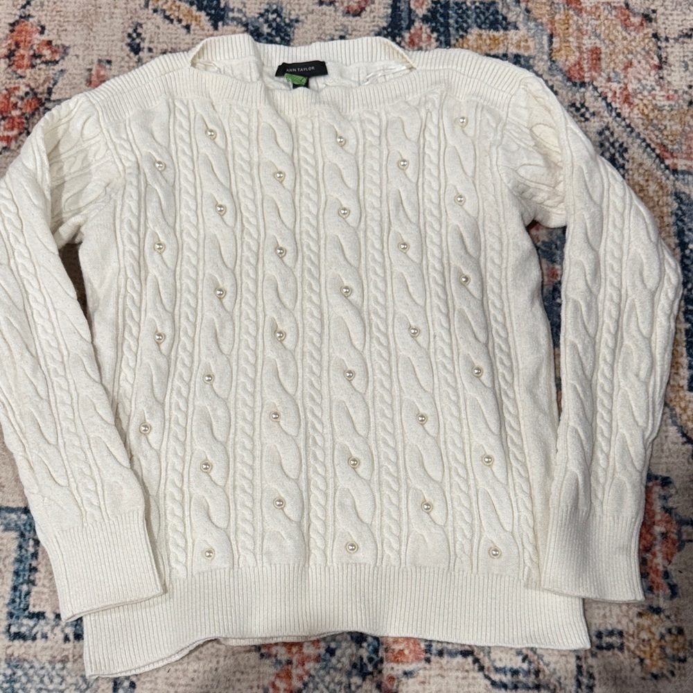 Ann Taylor Ivory Cable Knit Sweater with Pearl Details